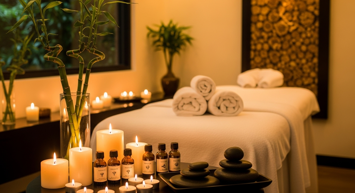 Serene Premium Spa treatment room with soft ambient lighting, massage table, candles, and natural elements creating a peaceful wellness environment